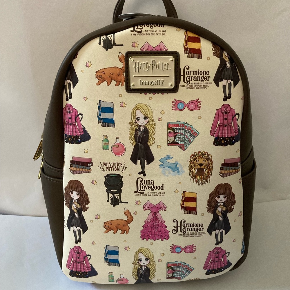 Loungefly Harry Potter Hermione and Luna Mini Backpack with Gold Zipper-NWT